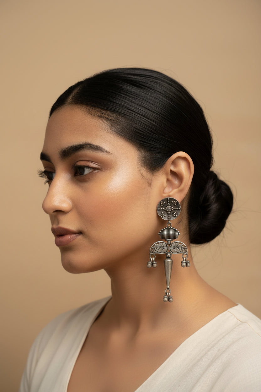 Patrapank- Silver Brass Oxidised dangler earrings