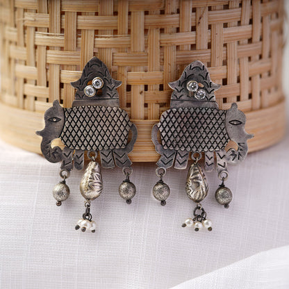 Gajmukhi- Silver Brass Pearl dangler earrings