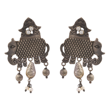 Gajmukhi- Silver Brass Pearl dangler earrings