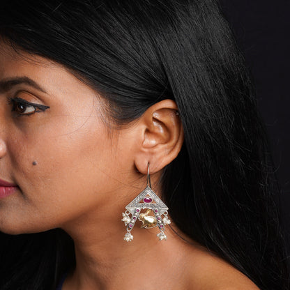 Anugunj- Silver Brass oxidised dangler earrings