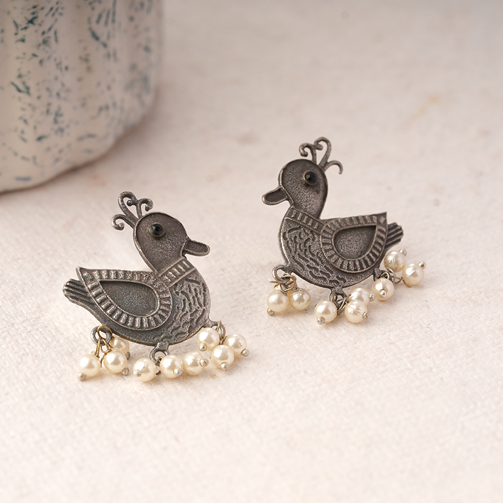 Rajhans- Silver Brass Pearl dangler earrings