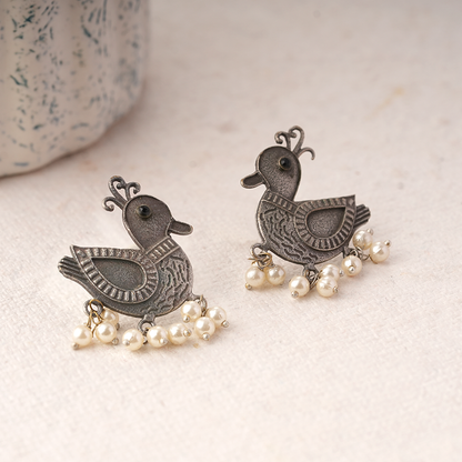 Rajhans- Silver Brass Pearl dangler earrings