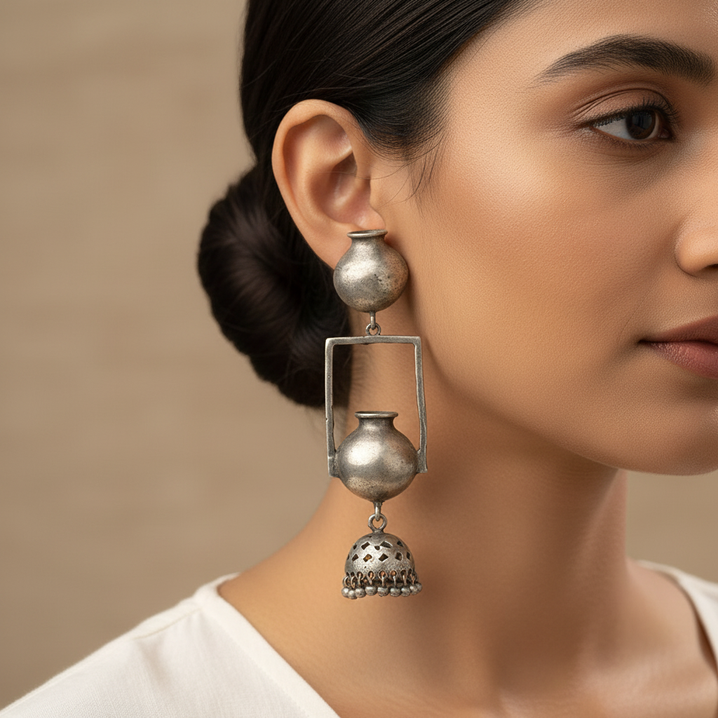 Mridghat- Silver Brass Oxidised dangler Earrings