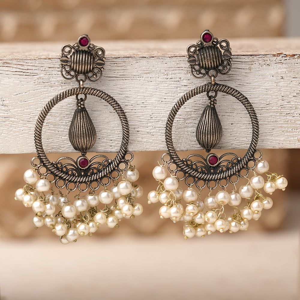 Ghoomar- Silver Brass Pearl dangler earrings(Red)