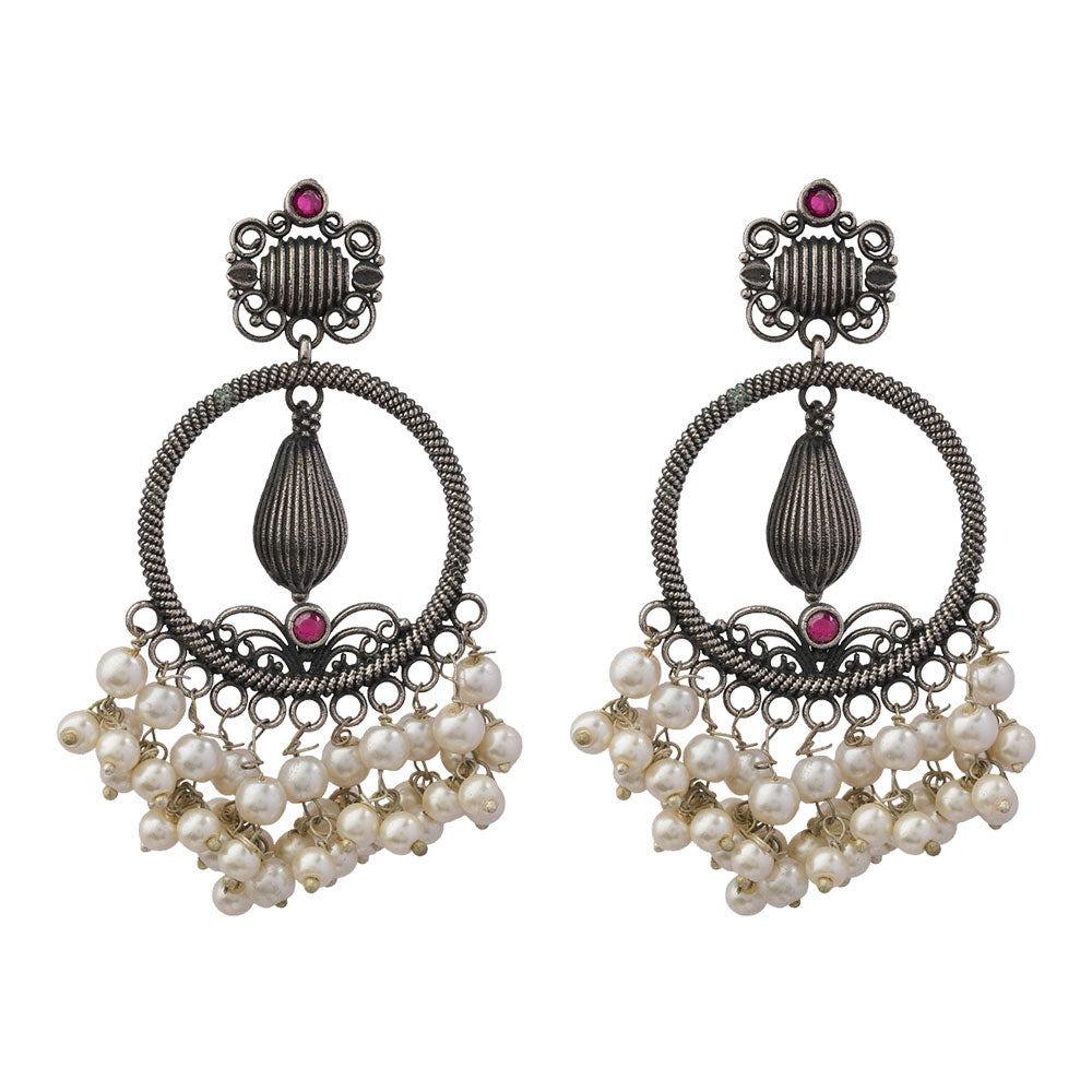 Ghoomar- Silver Brass Pearl dangler earrings(Red)