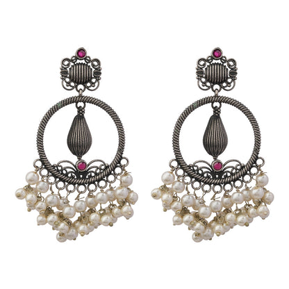 Ghoomar- Silver Brass Pearl dangler earrings(Red)