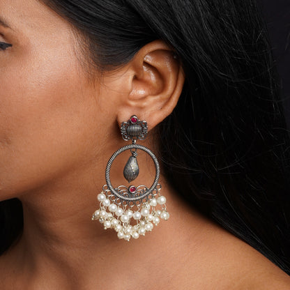 Ghoomar- Silver Brass Pearl dangler earrings(Black)