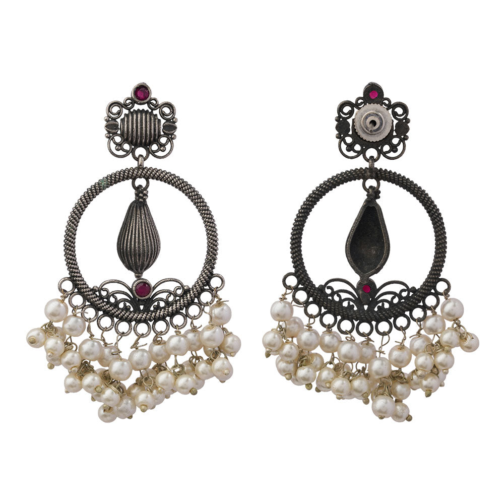 Ghoomar- Silver Brass Pearl dangler earrings(Red)
