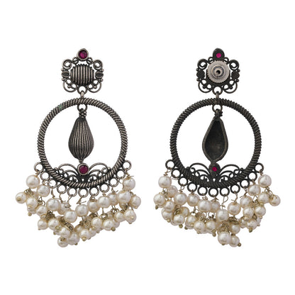 Ghoomar- Silver Brass Pearl dangler earrings(Red)