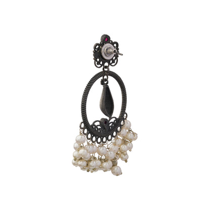 Ghoomar- Silver Brass Pearl dangler earrings(Red)