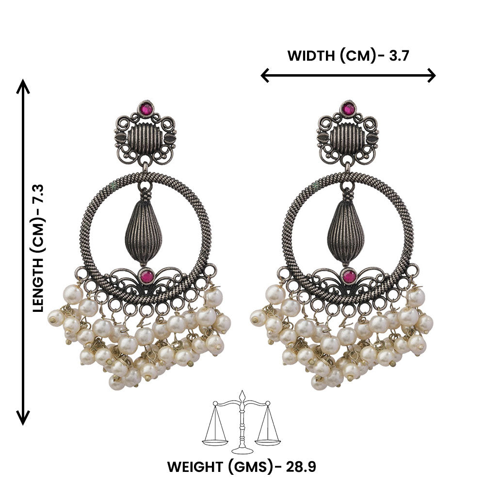 Ghoomar- Silver Brass Pearl dangler earrings(Red)