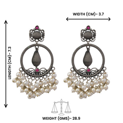 Ghoomar- Silver Brass Pearl dangler earrings(Red)