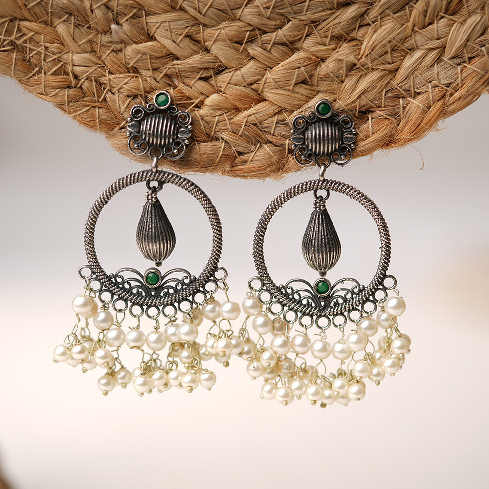 Ghoomar- Silver Brass Pearl dangler earrings(Green)
