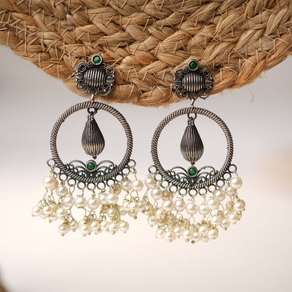 Ghoomar- Silver Brass Pearl dangler earrings(Green)