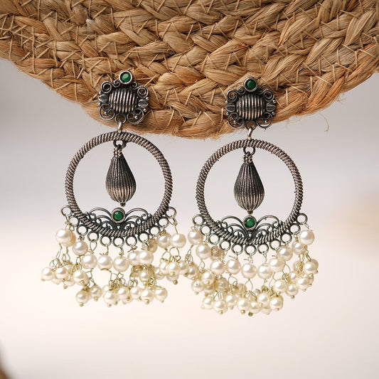 Ghoomar- Silver Brass Pearl dangler earrings(Green)
