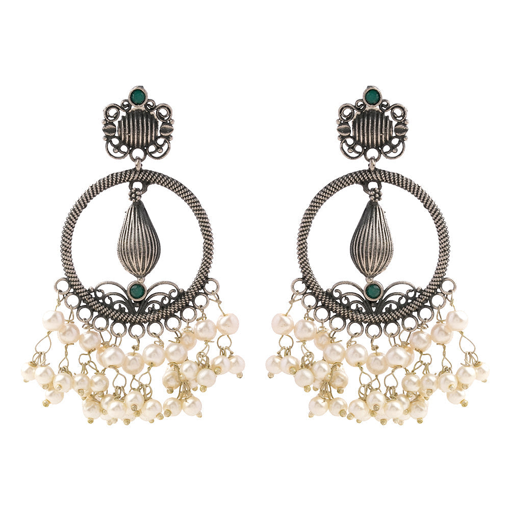 Ghoomar- Silver Brass Pearl dangler earrings(Green)