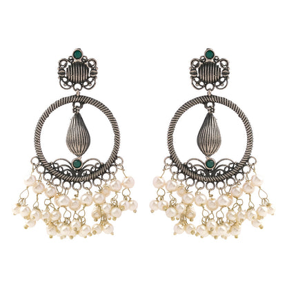 Ghoomar- Silver Brass Pearl dangler earrings(Green)