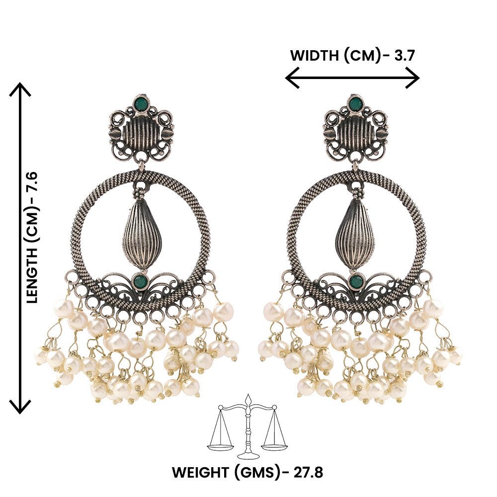 Ghoomar- Silver Brass Pearl dangler earrings(Green)