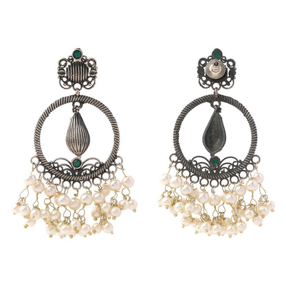 Ghoomar- Silver Brass Pearl dangler earrings(Green)