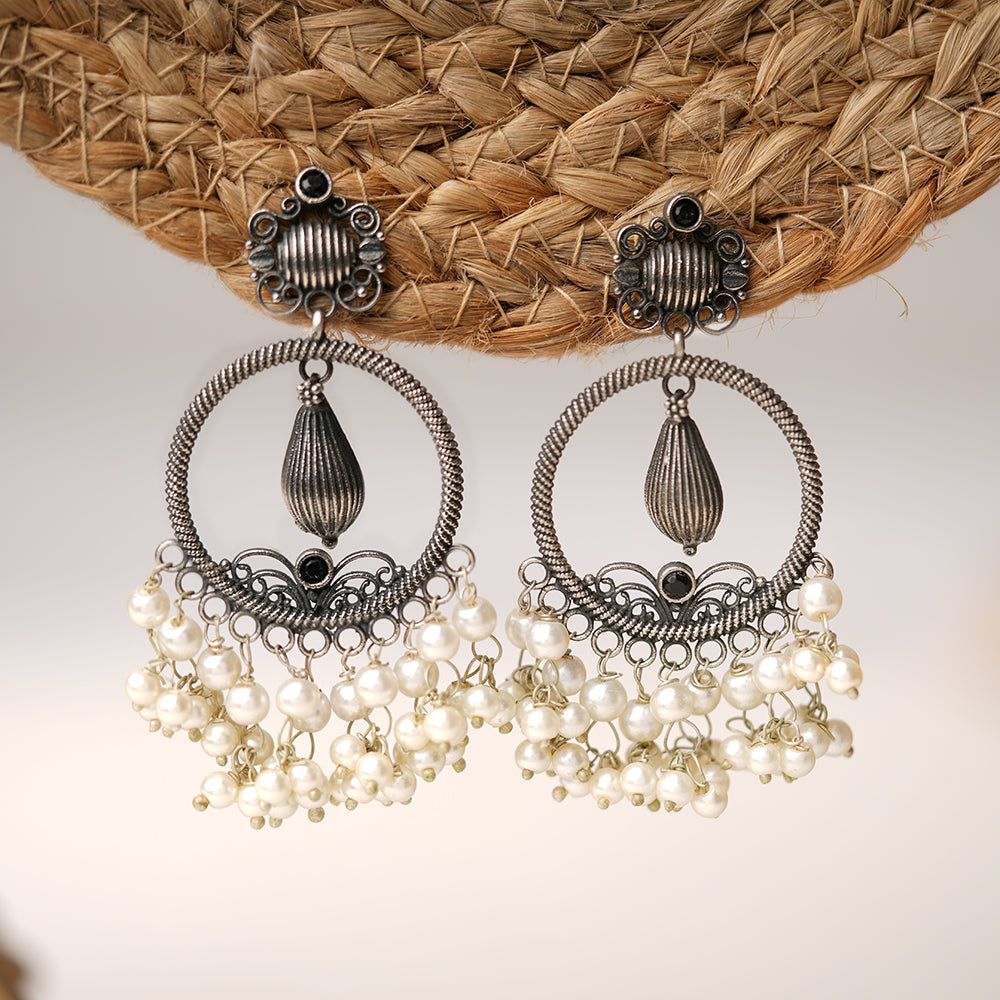 Ghoomar- Silver Brass Pearl dangler earrings(Black)