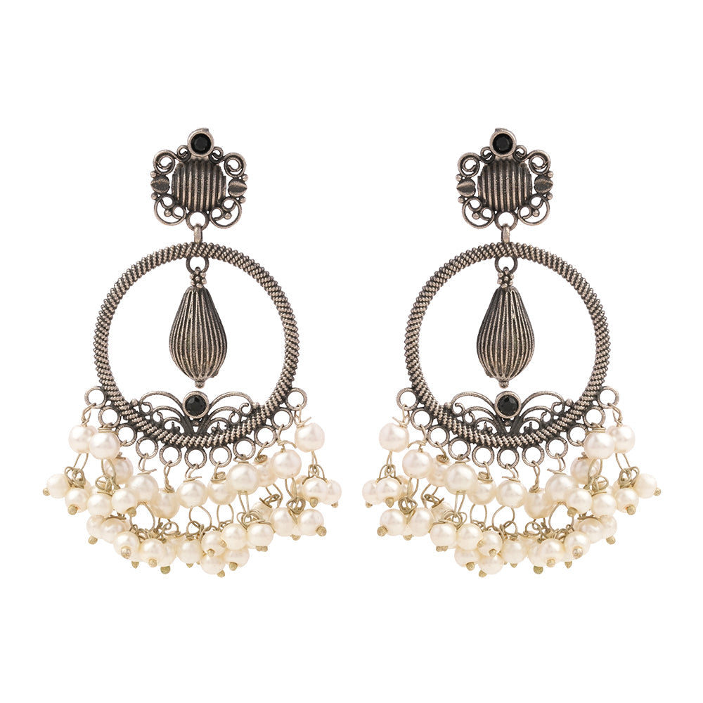 Ghoomar- Silver Brass Pearl dangler earrings(Black)