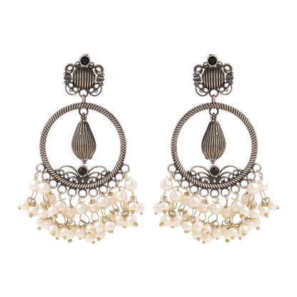Ghoomar- Silver Brass Pearl dangler earrings(Black)