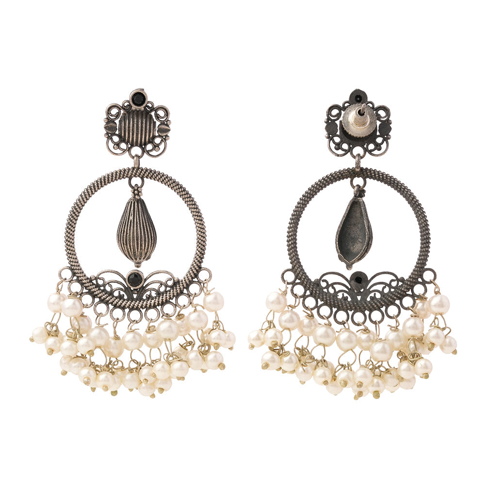 Ghoomar- Silver Brass Pearl dangler earrings(Black)