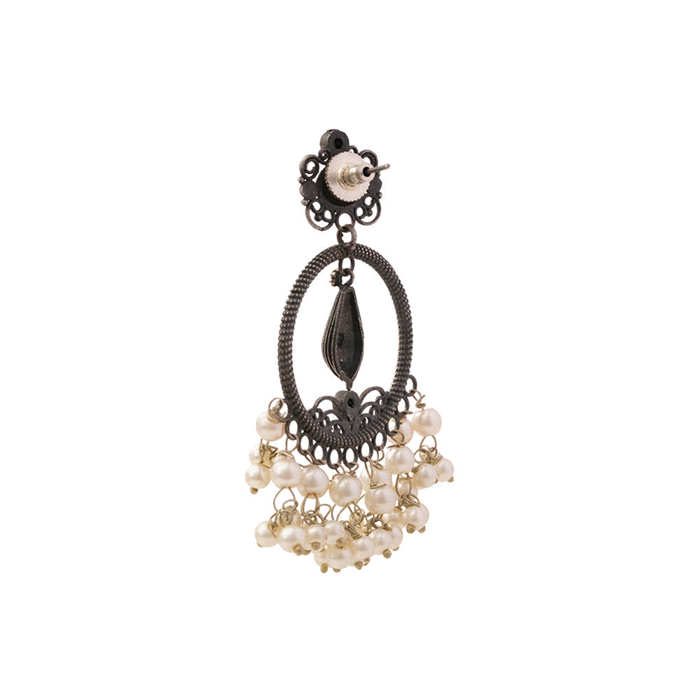 Ghoomar- Silver Brass Pearl dangler earrings(Black)