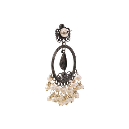 Ghoomar- Silver Brass Pearl dangler earrings(Black)