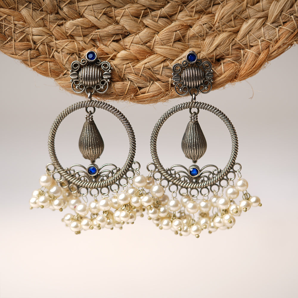 Ghoomar- Silver Brass Pearl dangler earrings(Blue)