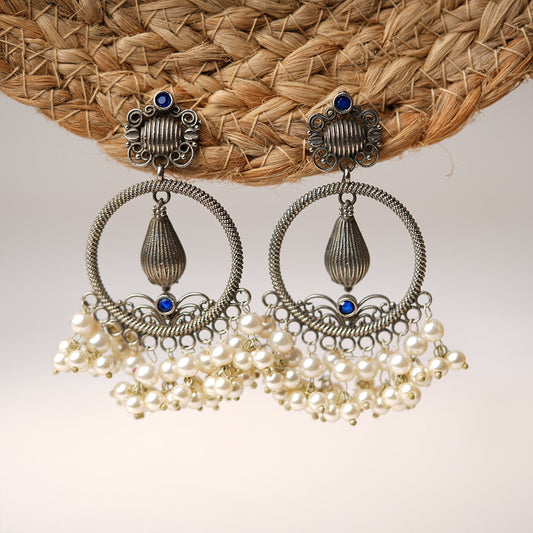 Ghoomar- Silver Brass Pearl dangler earrings(Blue)