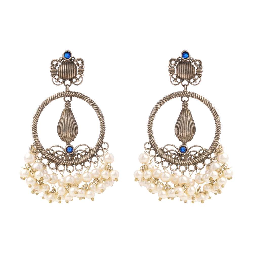 Ghoomar- Silver Brass Pearl dangler earrings(Blue)