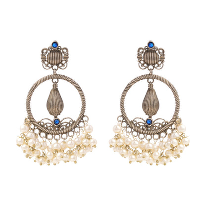 Ghoomar- Silver Brass Pearl dangler earrings(Blue)