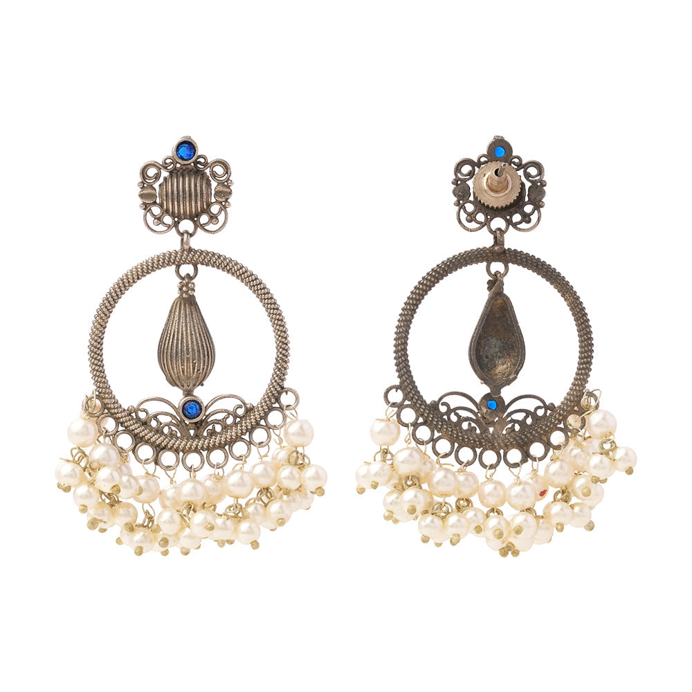 Ghoomar- Silver Brass Pearl dangler earrings(Blue)