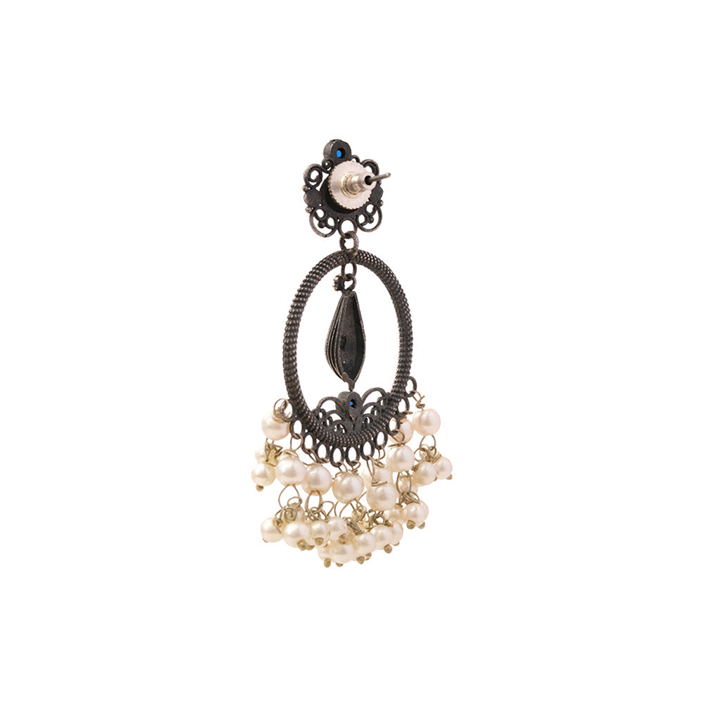 Ghoomar- Silver Brass Pearl dangler earrings(Blue)