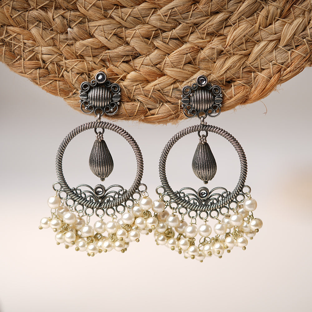 Ghoomar- Silver Brass Pearl dangler earrings(White)