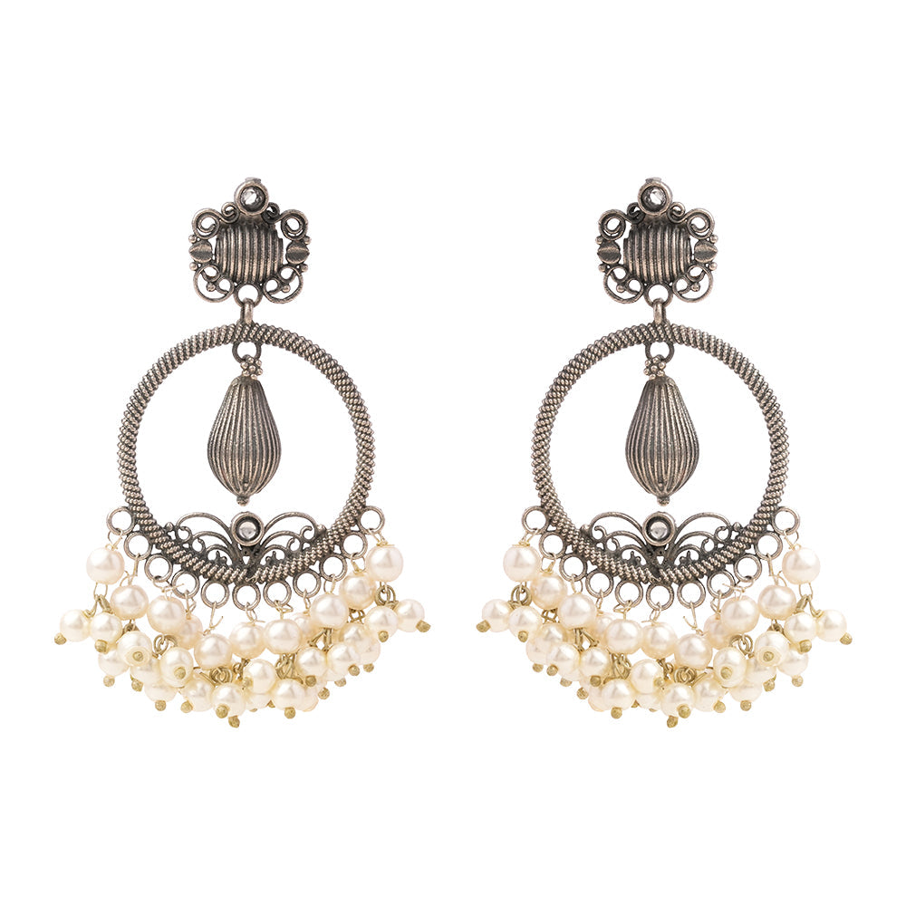 Ghoomar- Silver Brass Pearl dangler earrings(White)