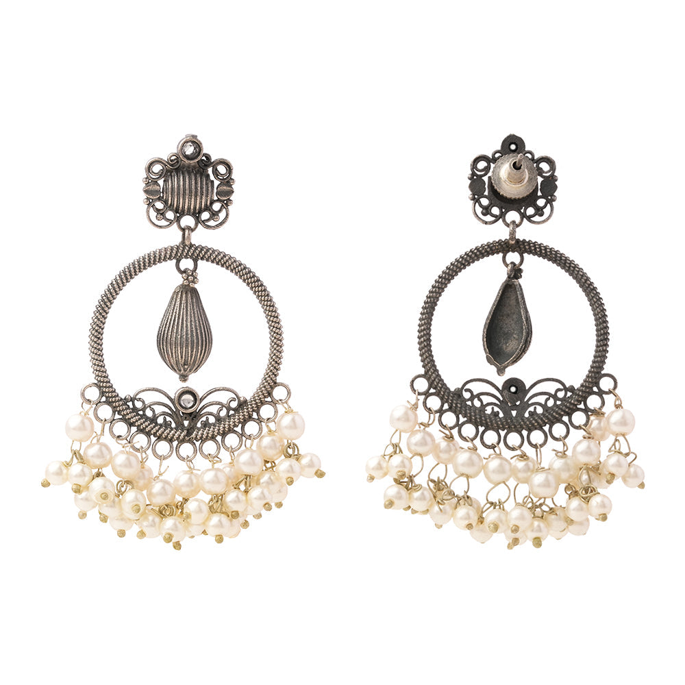 Ghoomar- Silver Brass Pearl dangler earrings(White)