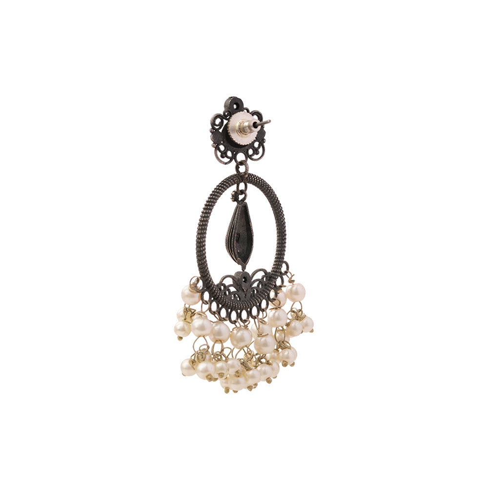 Ghoomar- Silver Brass Pearl dangler earrings(White)