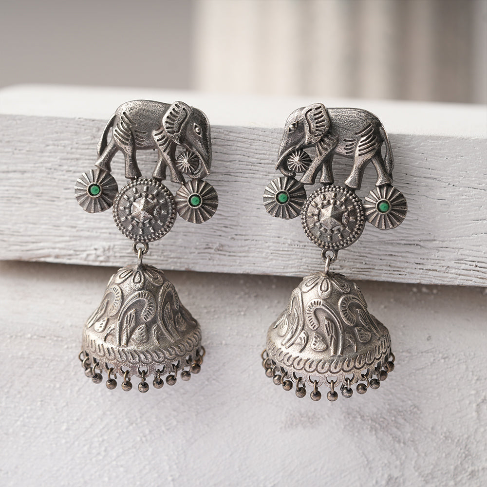 Hastini- Silver Brass Oxidised dangler earrings