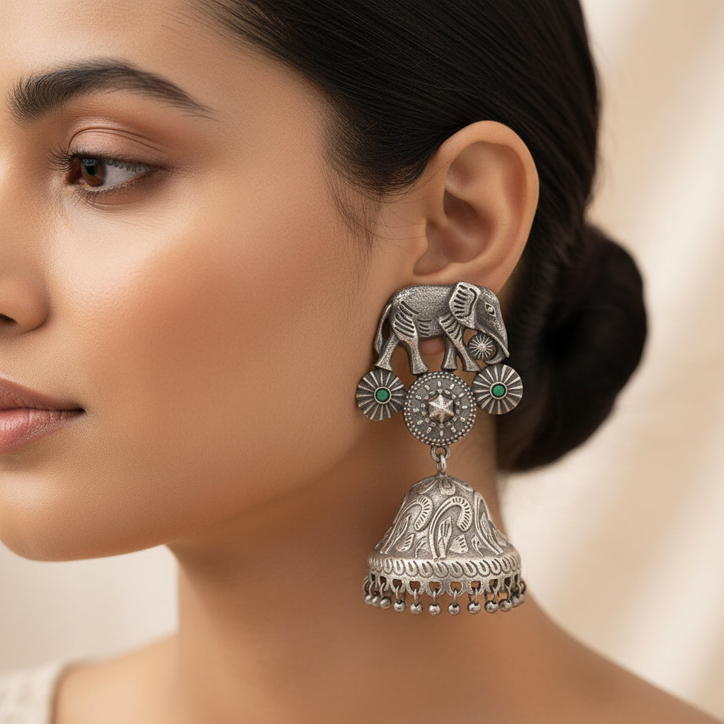 Hastini- Silver Brass Oxidised dangler earrings