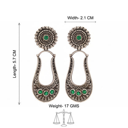 Nupura- Silver Brass Oxidised dangler earrings(Green)