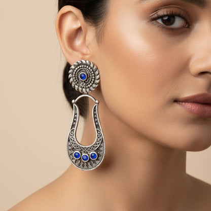 Nupura- Silver Brass Oxidised dangler earrings(Blue)