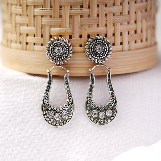 Nupura- Silver Brass Oxidised dangler earrings(White)