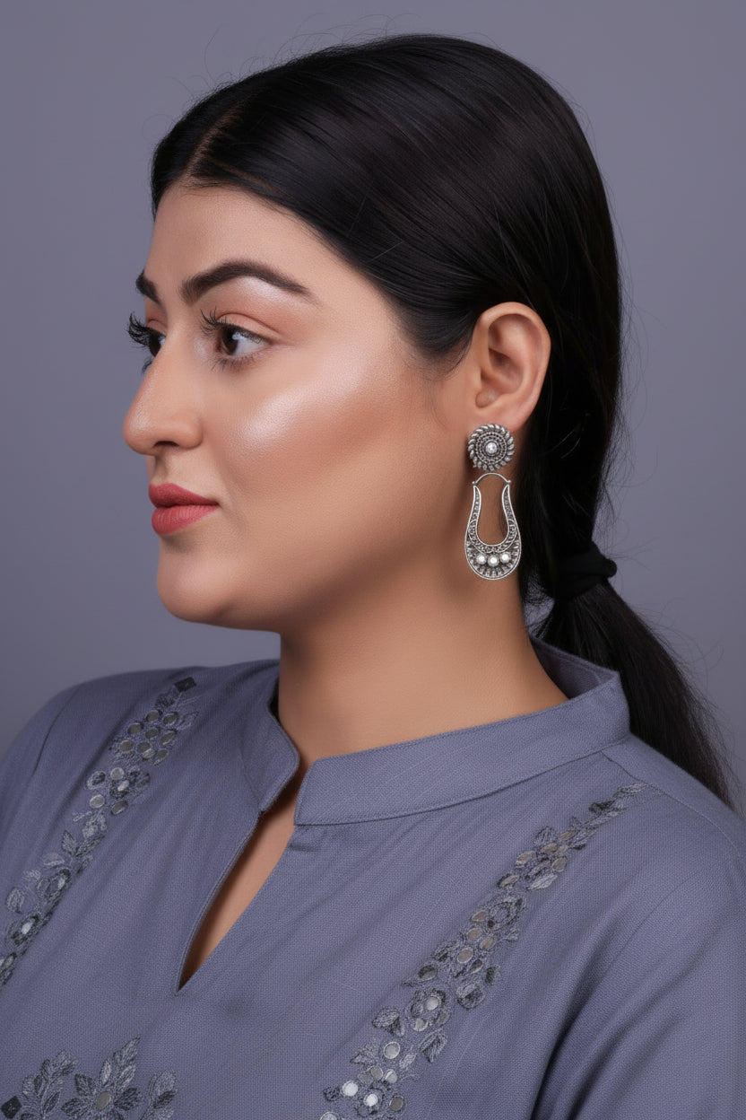 Nupura- Silver Brass Oxidised dangler earrings(White)