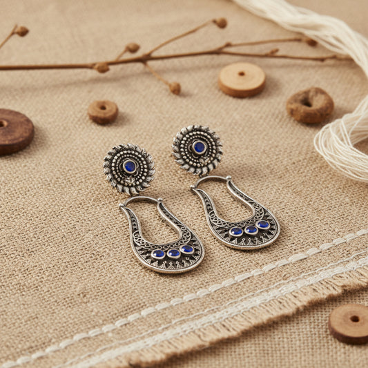 Nupura- Silver Brass Oxidised dangler earrings(Blue)