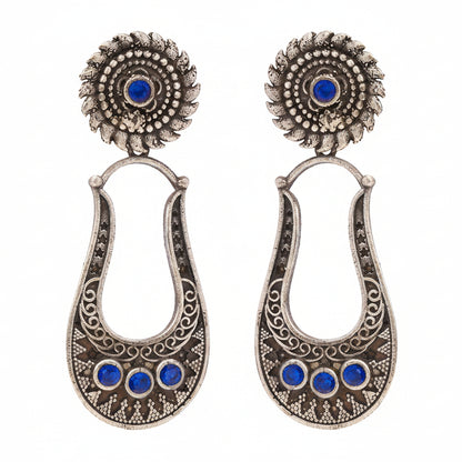 Nupura- Silver Brass Oxidised dangler earrings(Blue)