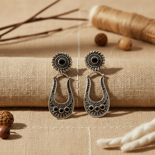 Nupura- Silver Brass Oxidised dangler earrings(Black)