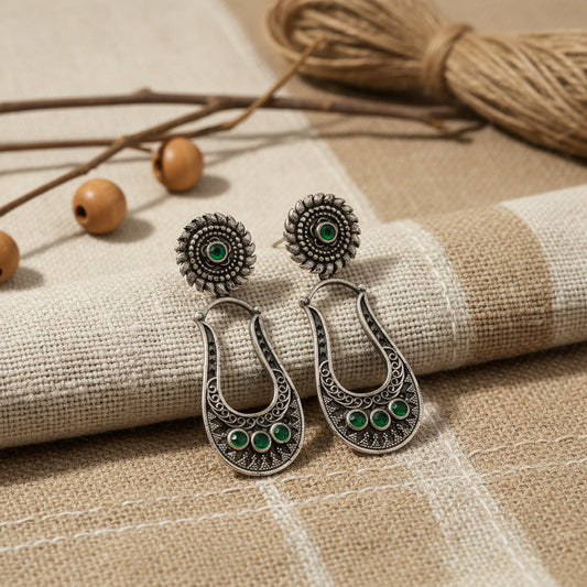 Nupura- Silver Brass Oxidised dangler earrings(Green)