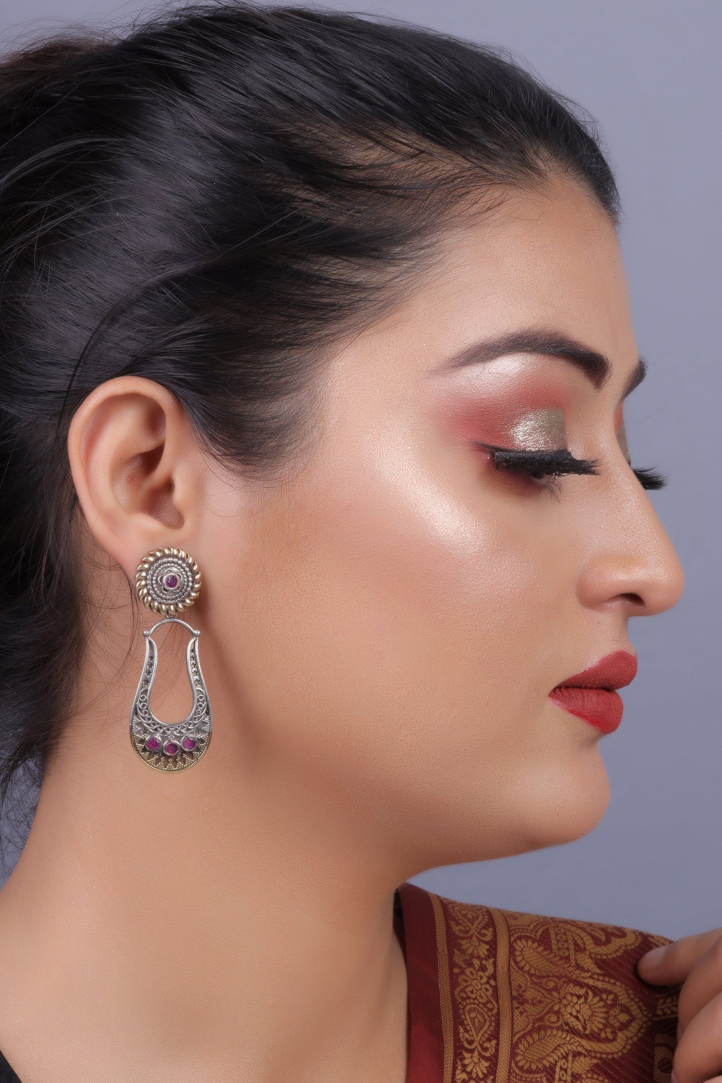Nupura- Nupura- Silver Brass Oxidised dangler earrings(Red)